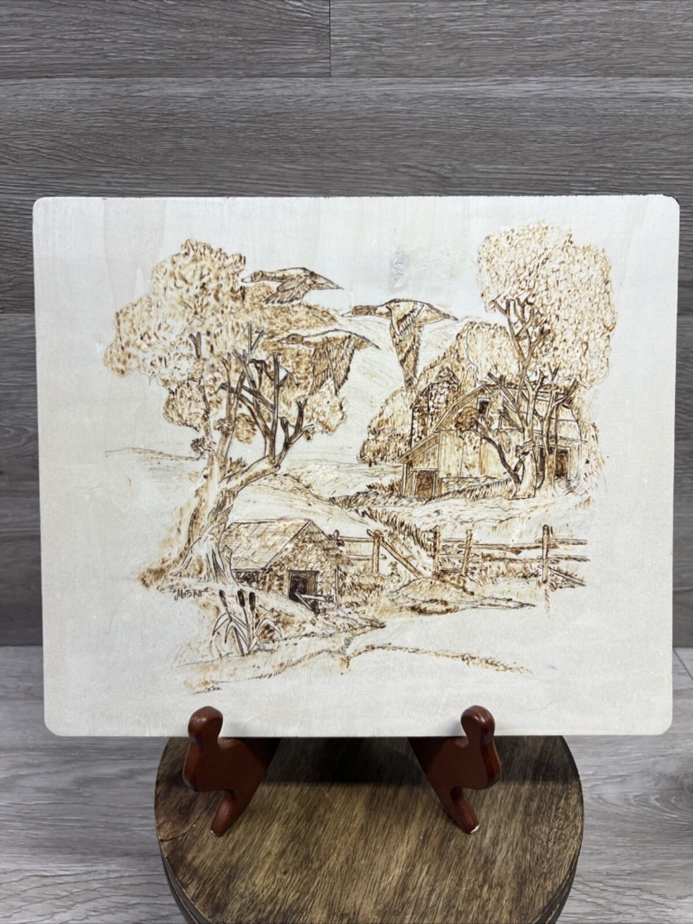 Wood Burned Art Pyrography Farmhouse Barn Wall Hanging Signed Matzco Handmade